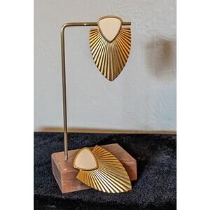 Large Boho Lightweight Leaf/Shield Cream Enamel Gold Tone Earrings